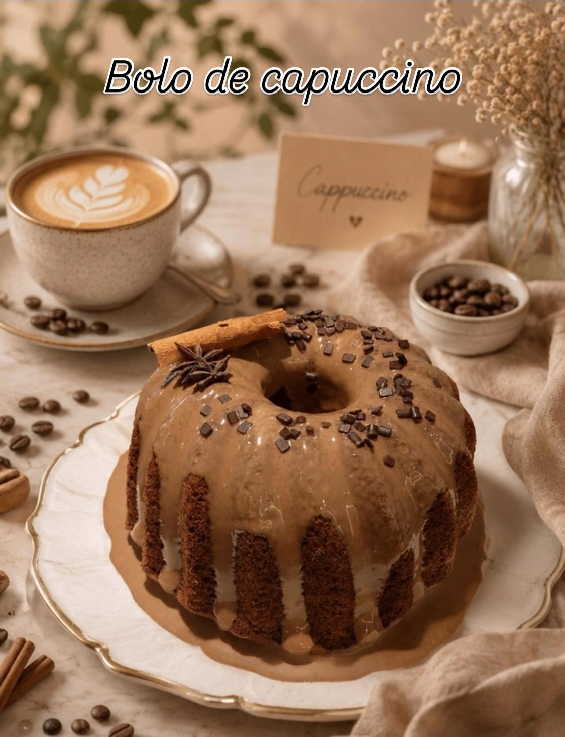 Bolo de capuccino com calda de café ao lado de uma xícara fumegante — clima de cafeteria